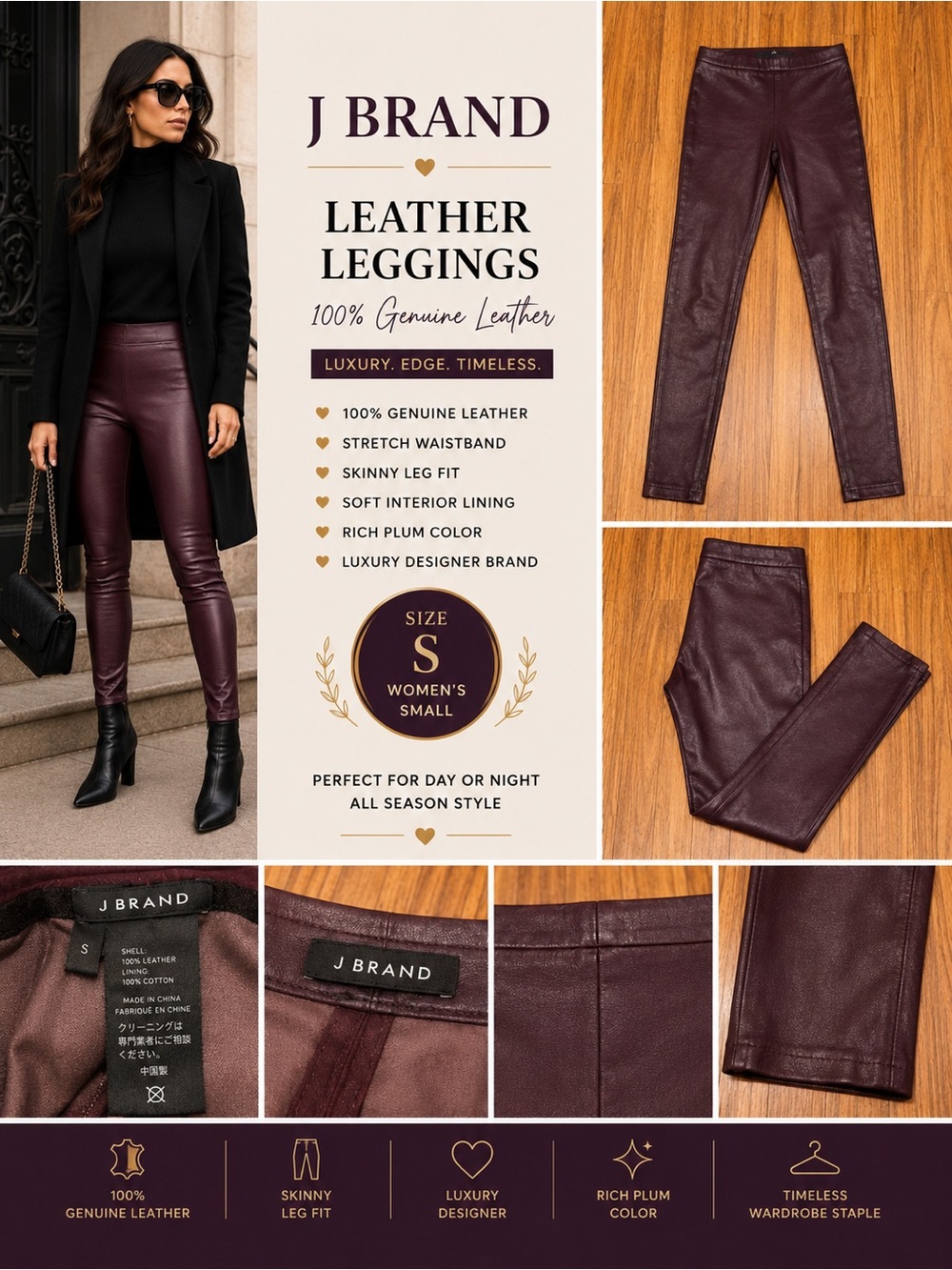 J Brand Genuine Leather Leggings Women’s Small Plum Burgundy Skinny Moto Pants